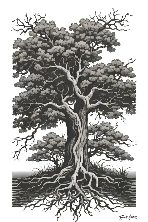 Oak Tree With Roots Reaching Deep