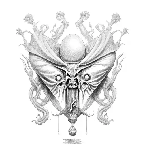 A Black-grey Tattoo Of A Renaissance-style Portrait Of An Extraterrestrial Creature