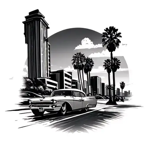 City Of Los Angeles Buildings With Low Riders And Beach Sunset