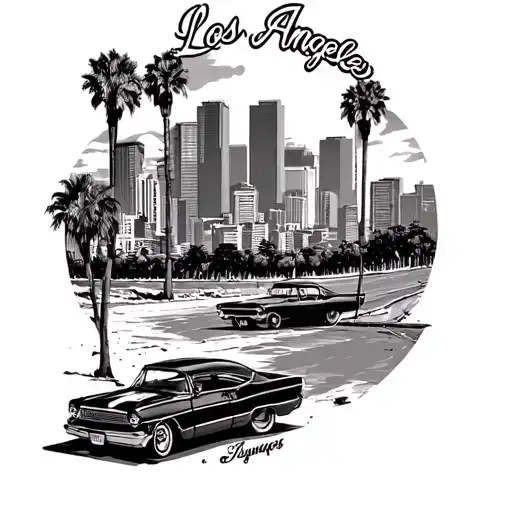 City Of Los Angeles Buildings With Low Riders Gang Bangers And Beach Sunset