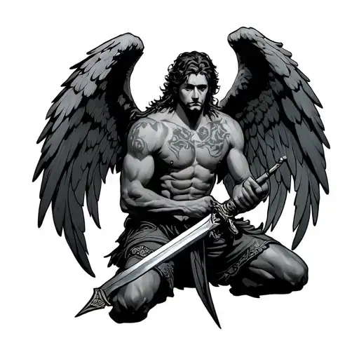 Kneeling Male Guardian Angel With A Sword Piercing