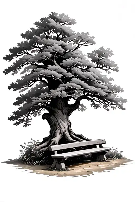 Oak Tree With Stone Bench