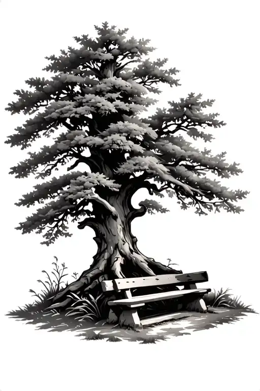 Oak Tree With Rustic Stone Bench