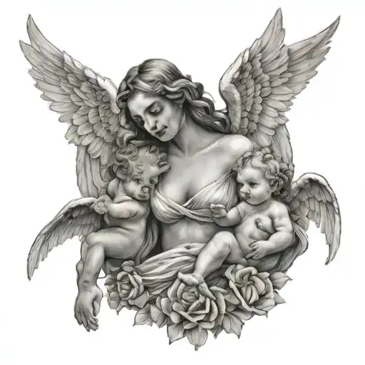 Female Angel Holding 2 Cherubs