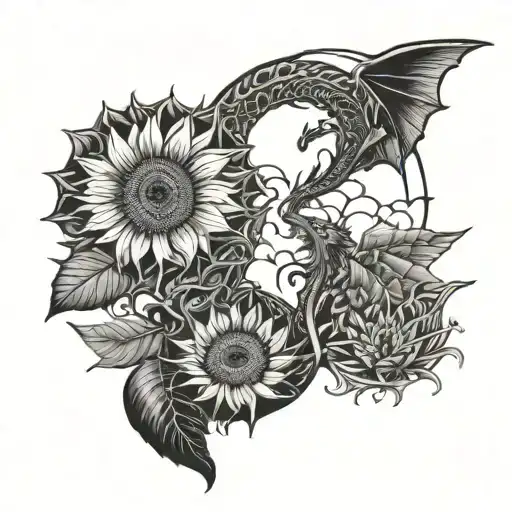 Tree Of Life And Dragon Flying Over Two Sunflowers