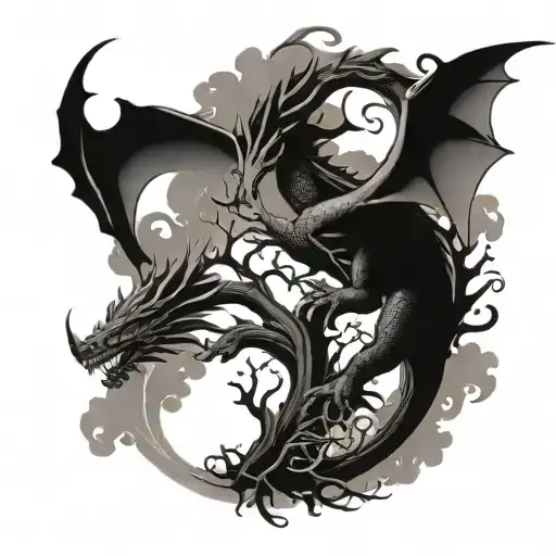 Tree Of Life And Dragon Flying Over