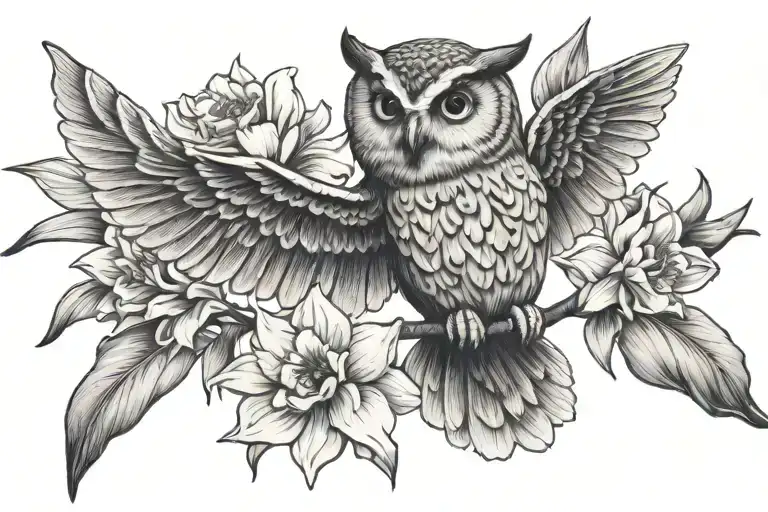 Daffodil Flowers And An Owl Flying