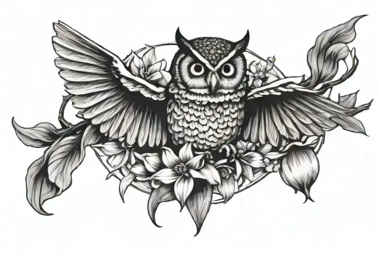 Daffodil Flowers And An Owl Flying Towards