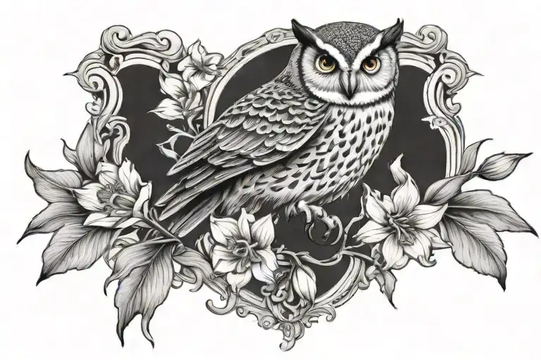 Daffodil Flowers And An Owl Perched