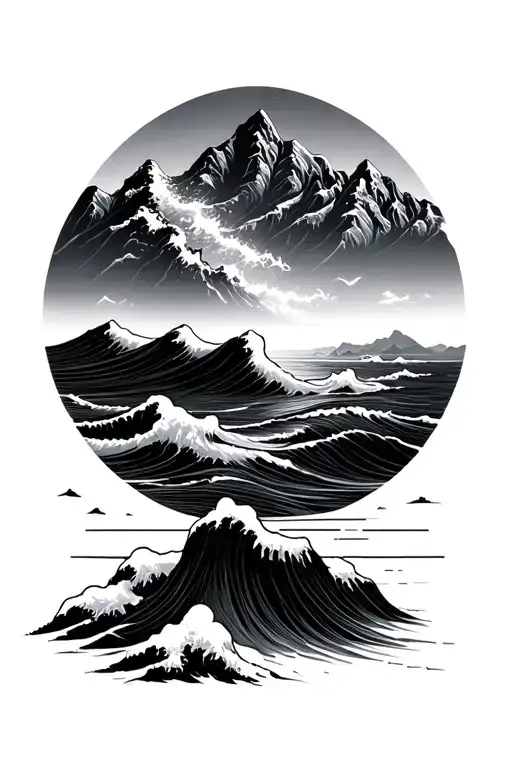 Outdoor Mountains And Ocean Wave Merging Together Representing Calm
