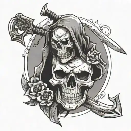 Skull With Bear Coat And Scythe In His Hand