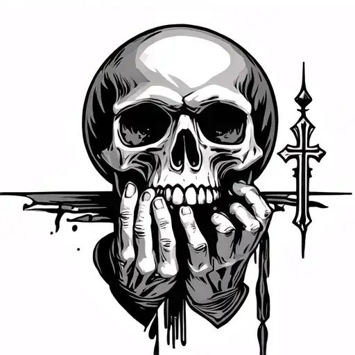 Skull Praying With A Cross On His Hand