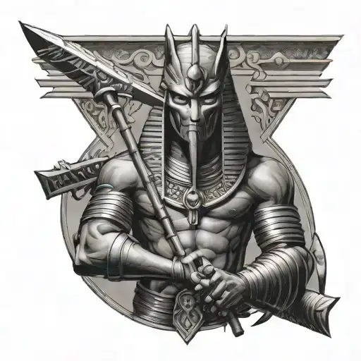 Anubis Egiptian God Atlas Holding Sword In Pyramid