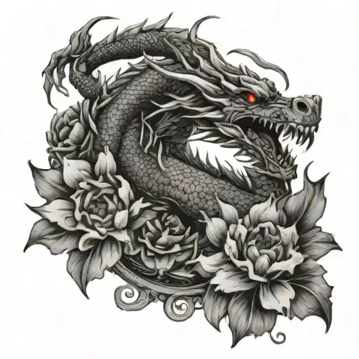 Tattoo Of Dragon Surrounded By Flowers From Hell