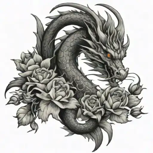 Tattoo Of Dragon Surrounded By Flowers From Hell