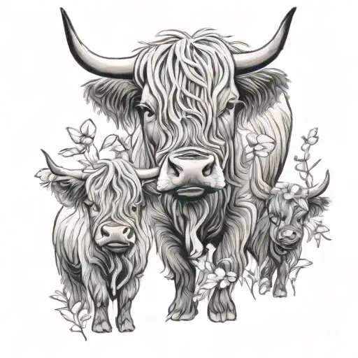 Highland Cow Faces One Baby One Adult In A Flower Background