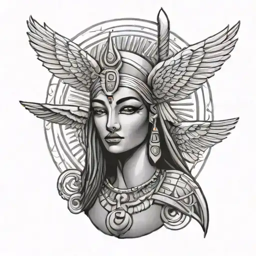 A Black-grey Tattoo Of The Goddess Isis Holding A Traditional Ankh Symbol