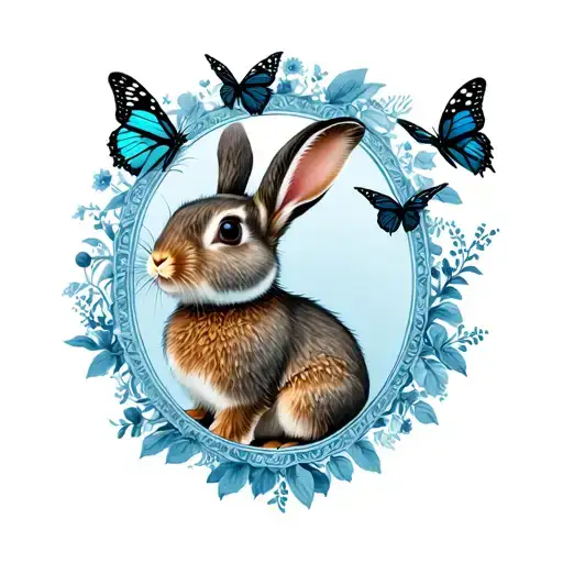 Rabbit With Three Butterflies Flying Round Set Within A Oval Blue Floral Frame