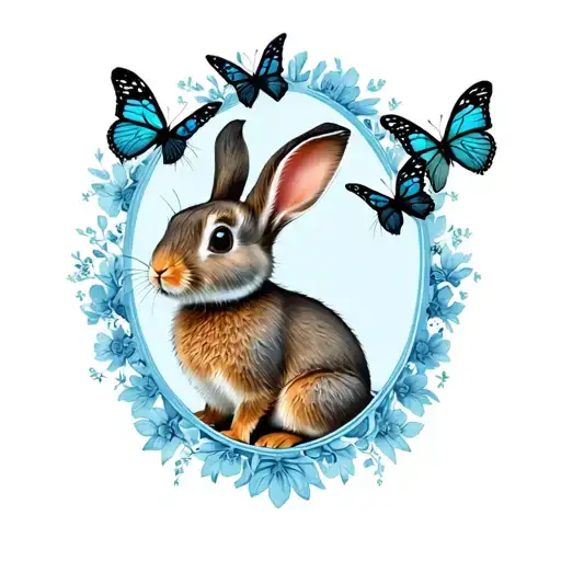 Rabbit With Three Butterflies Flying Round Set Within A Oval Blue Floral Frame