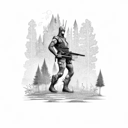 A Hunter Standing Tall Amidst A Lush Green Forest