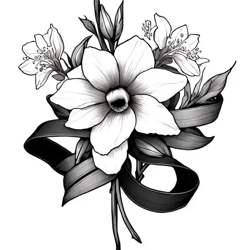 Thin Black Outline Of Narcissus And Honeysuckle Wrapped In Thin Ribbon