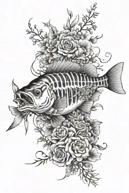 Walleye Bass Skeleton And Flowers