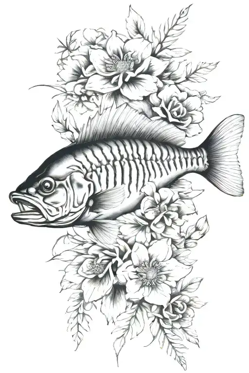 Walleye Bass Skeleton And Flowers