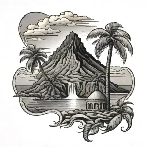 Volcano Canary Islands Sea And Palm Tree