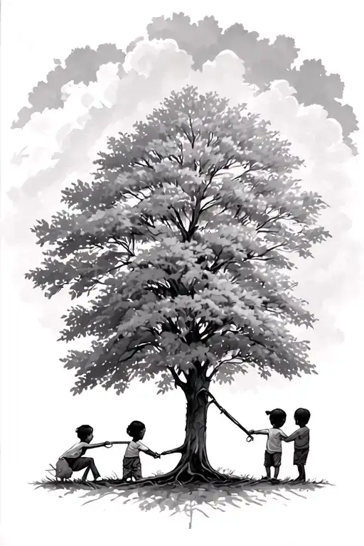 Maple Tree And Three Kids Playing
