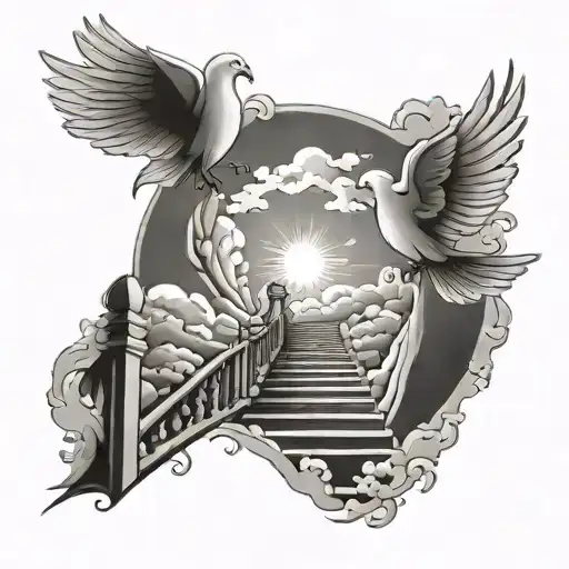 Stair Way To Heaven Doves Flying Towards The Sun Rays