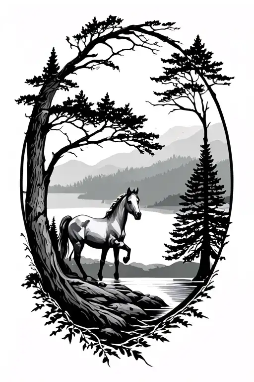 Horse And Trees Colors Sunset Over Lake