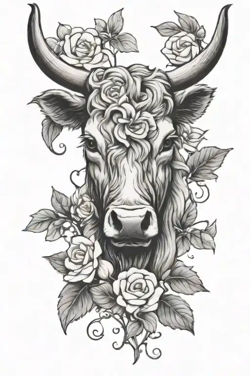 Simple Highland Cow Skull Surrounded By Gardenias