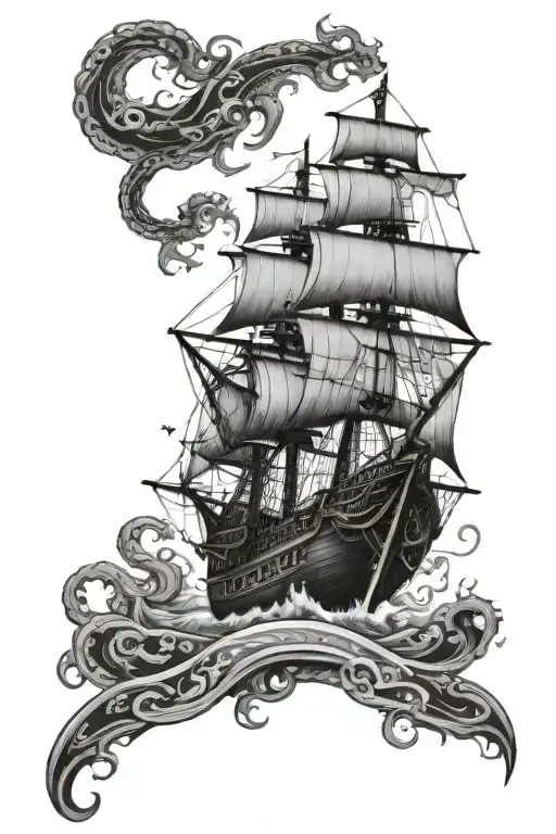 Pirate Ship With Kraken Emerging