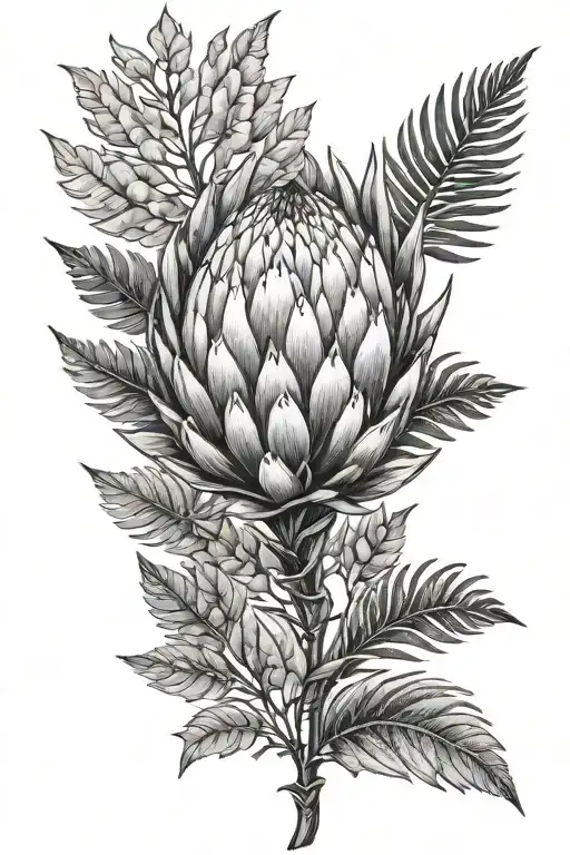 Protea With Silver Fern Leaf