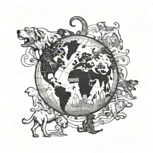 An Intricate Design Of A Globe With Various Dog Breeds Traveling Around The World