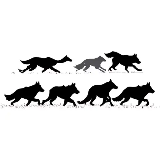 Black Silhouette Of 5 Wolves Running Alongside