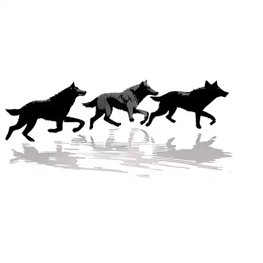 Black Silhouette Of 5 Wolves Running