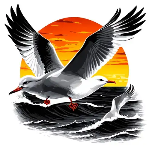 Sunset At Sea With 3 Seagulls Flying