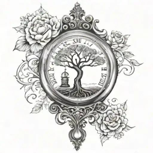 An Hourglass With A Tree Of Life In The Hourglass At The Top And A Pocket Watch At The Bottom