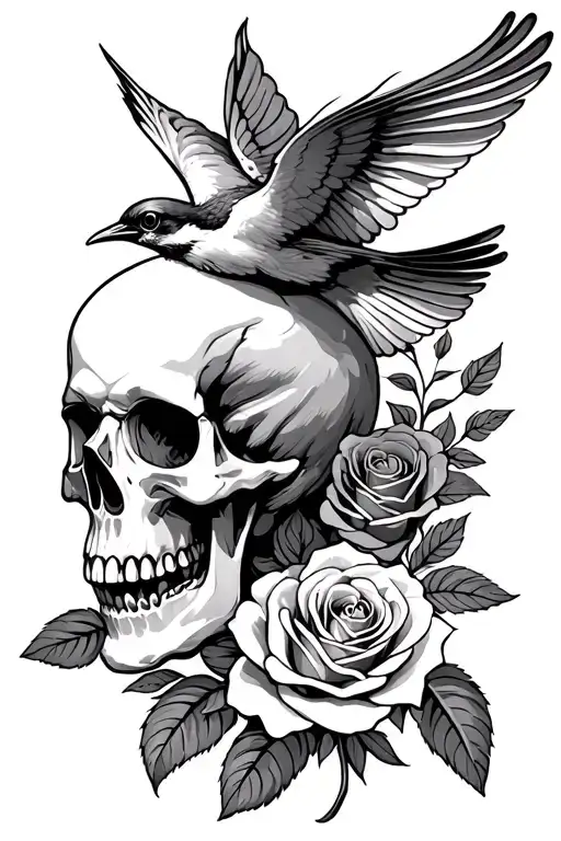 Skull Roses Swallow Bird