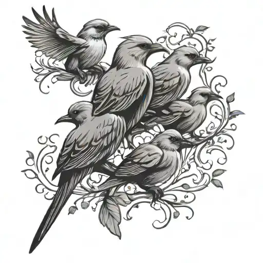 Mom Bird Silhouette With 4 Baby Birds Flying Away