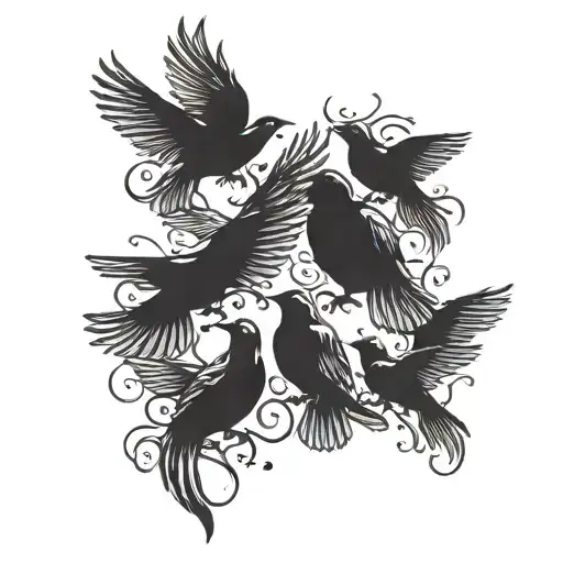 Mom Bird With 4 Baby Birds Flying Away Silhouette