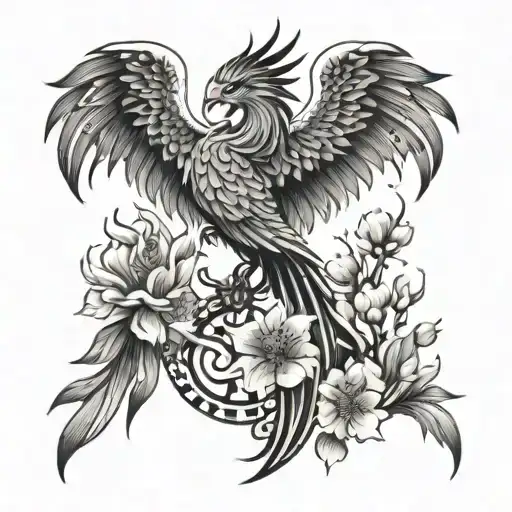 Phoenix Surrounded By Fire And Cherry Blossoms With Geometric Shapes