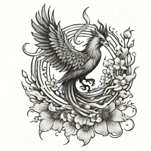 Phoenix Surrounded By Fire And Cherry Blossoms
