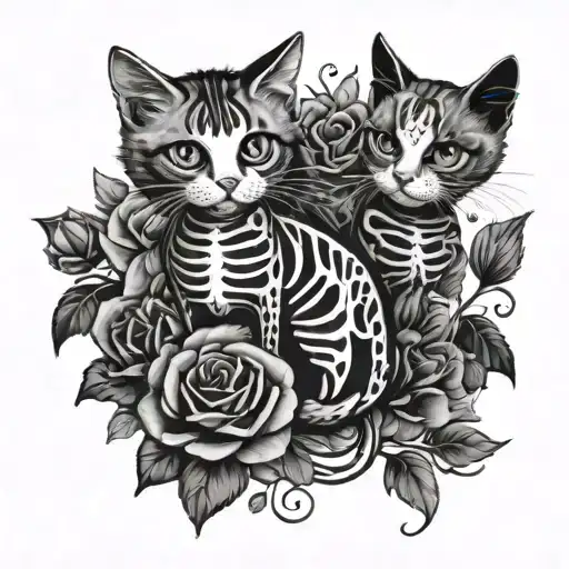 2 Skeleton Cats And Flowers Surrounding