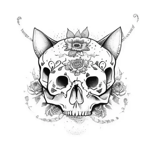 A Cat-shaped Skull Surrounded By Vibrant Psychedelic Flowers