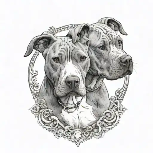 Two Grey Pitbulls With White On Chest And Neck Sitting At The Gates Of Heaven