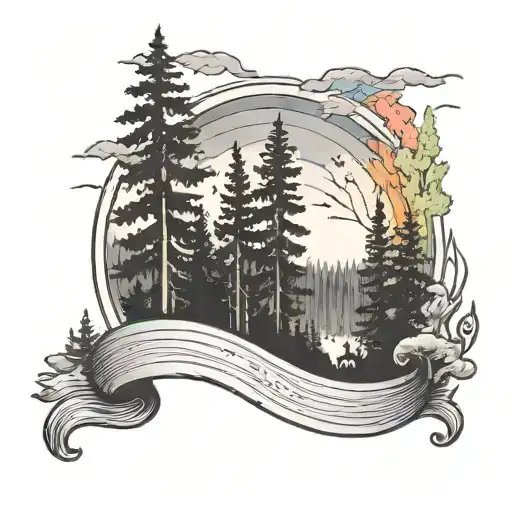 A Tattoo Depicting A Serene Forest Scene With A Rainbow Flag Subtly Incorporated
