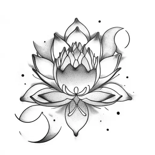 Lotus Flowers Blooming Under A Crescent Moon