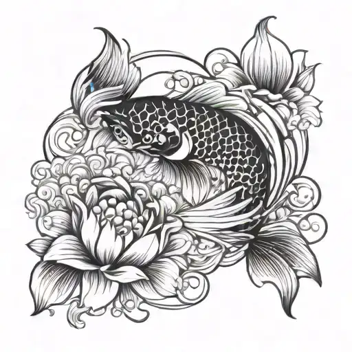 Cherry Blossum And Ying Yang Koi Fish Swimming